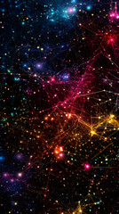 Fototapeta premium Vibrant stellar network spreading across deep space, interconnecting glowing celestial points with dynamic colorful pathways