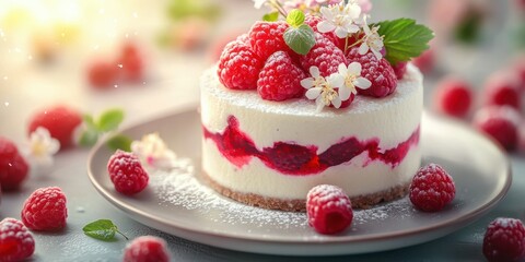 Delicious raspberry dessert topped with fresh raspberries and delicate flowers on a plate