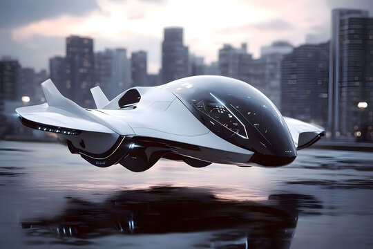 Futuristic Flying Car Hovering Over Cityscape
