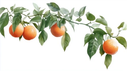 A branch with ripe oranges and green leaves against a white background.