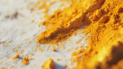 Close-up view of turmeric powder scattered on a clean, white surface, with vibrant yellow tones that stand out against the neutral background.