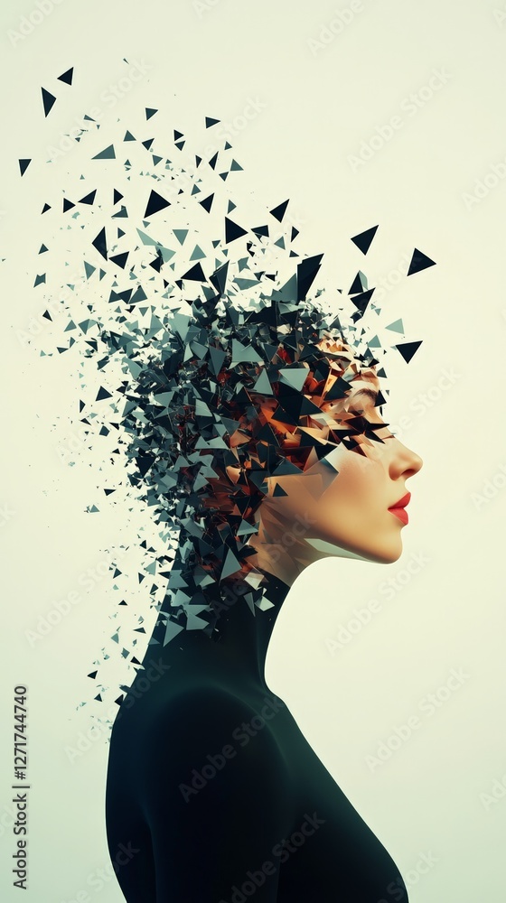 Poster abstract depiction of a person experiencing mental overload. triangular fragments symbolize stress, 