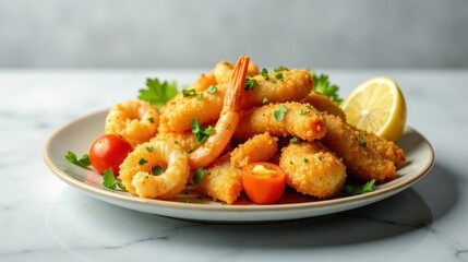 Fototapeta premium A plate of crispy breaded seafood with fresh herbs and cherry tomatoes, accompanied by a lemon wedge, creating a vibrant and appetizing culinary image.