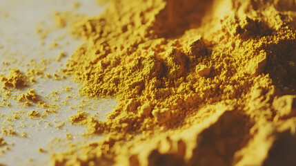 Close-up view of turmeric powder scattered on a clean, white surface, with vibrant yellow tones that stand out against the neutral background.