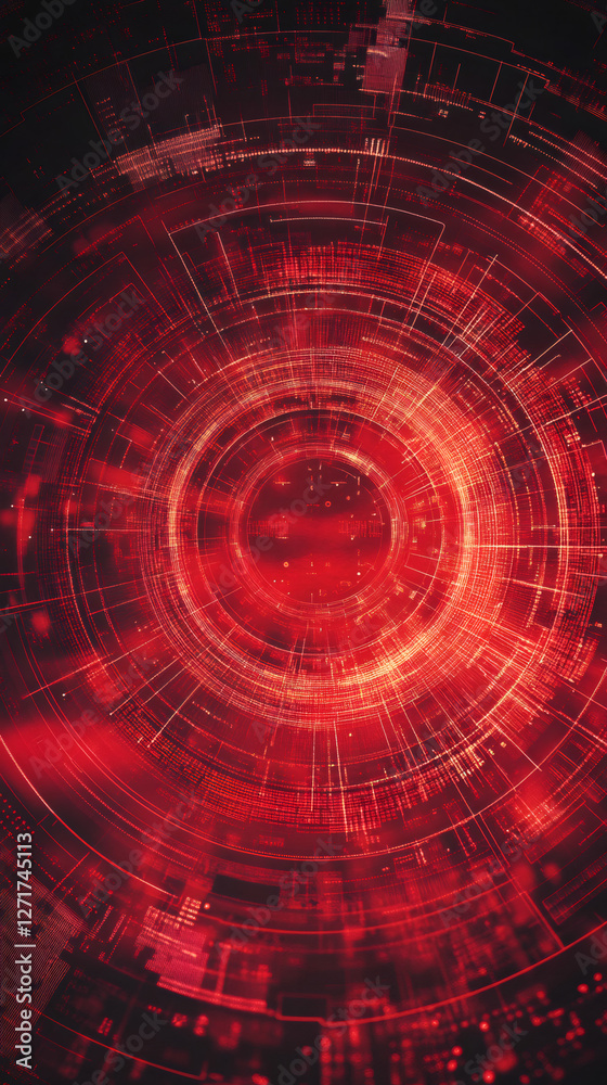 Leinwandbilder futuristic red digital circular tunnel transmitting data and information, concept of technology and 
