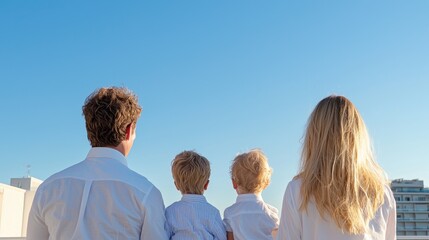 Family outdoors on rooftop, looking up at clear sky, possible use for a family-oriented stock photo