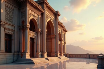 Elegant Palace Architecture at Sunset Majestic Columns, Ornate Details, and Serene Mountain Views