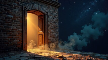 A mysterious, open doorway in a brick structure at night, illuminated by a radiant light emanating from within, leading to a path paved with stones, above a hazy landscape under a starry sky.