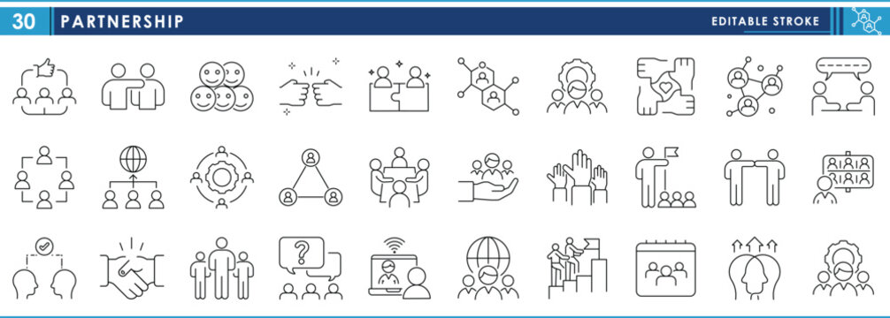 A set of line icons related to Partnership. Friends, business, collaboration, people, decision, connection, and so on. Vector editable stroke.
