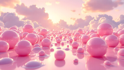 surreal landscape with reflective pink spheres on liquid surface
