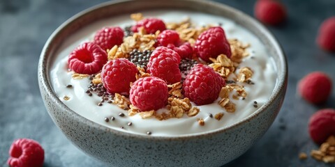 Fresh raspberry yogurt bowl with granola and chia seeds, perfect for breakfast or a snack