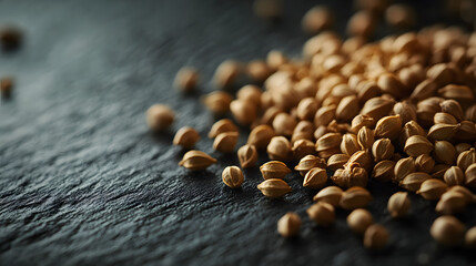 Obraz premium Coriander seeds spread across a dark surface, showing off their detailed texture and earthy tones.