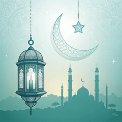 Flat design Ramadan Kareem background, 3d golden metal crescent and stars. Arabic style arch in beige color with traditional pattern. elegant golden moon with mosque ramadan kareem background