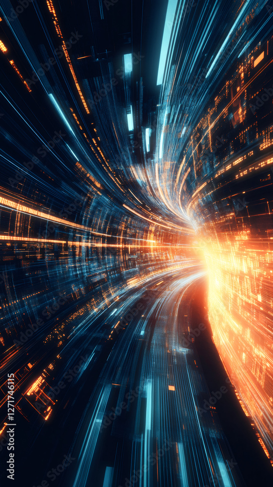 Poster Orange and blue light trails flowing through cyberspace tunnel, creating a futuristic and technological atmosphere