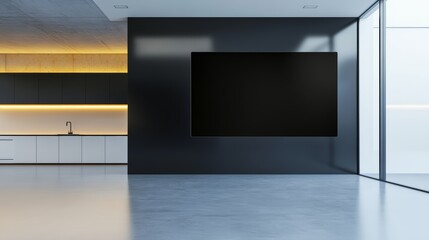Hightech minimalist kitchen with touchsensitive panels, clean surfaces, and ambient lighting, showcasing an empty black glass wall
