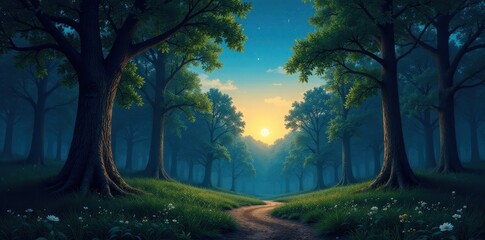 Fototapeta premium Serene Dawn Path Through an Enchanting Forest of Majestic Trees, Illuminated by the Soft Glow of the Rising Sun