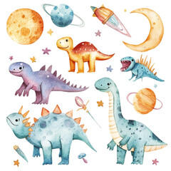 Naklejka premium Adorable Dinosaurs Exploring Space a Whimsical Watercolor Adventure