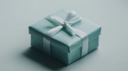 Obraz premium A small teal gift box tied with a white ribbon on a light background.