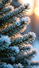 Frosty pine branches sway gently in warm sunlight, nature, frost