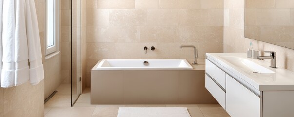 A modern, minimalist bathroom featuring a sleek bathtub, stylish sink, and soft neutral tones, creating a serene and inviting atmosphere.