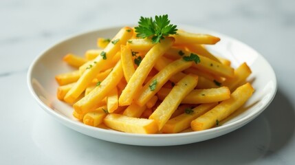 A plate of golden-brown fried potatoes, seasoned with fresh herbs, rests on a smooth surface.  The crispy texture and savory aroma are almost palpable.