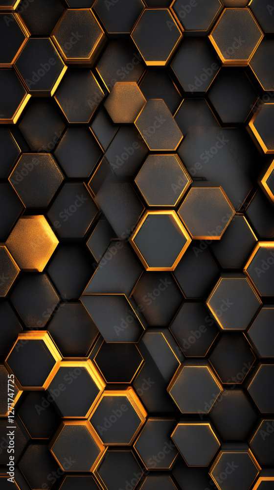 Poster sleek black and orange hexagonal grid glowing with technological innovation, representing cutting-ed
