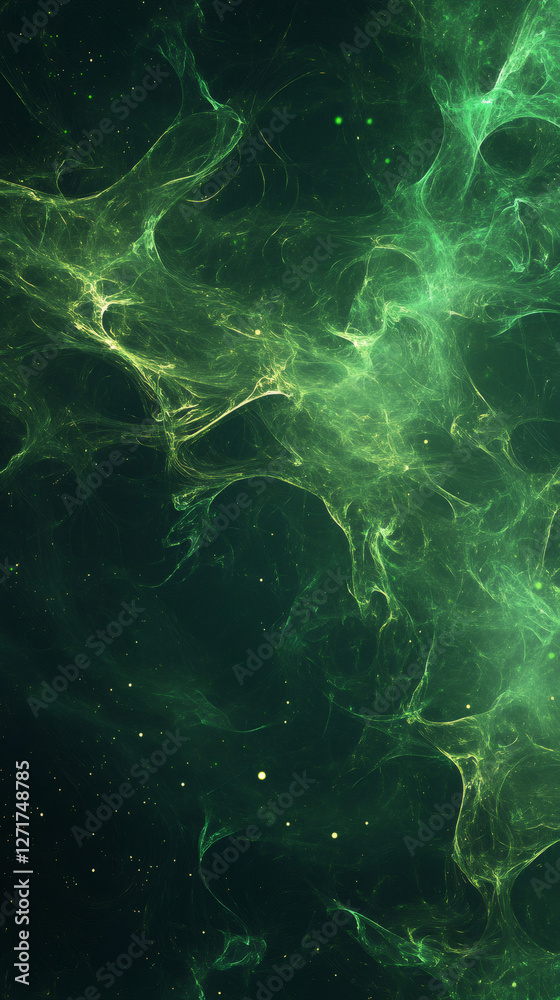 Poster green nebula with filaments expanding and spreading in the vastness of deep space with bright stars 