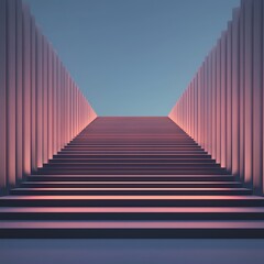 Naklejka premium product podium elevation geometry Staircase leading upwards, illuminated with soft pink and blue hues against a serene sky.