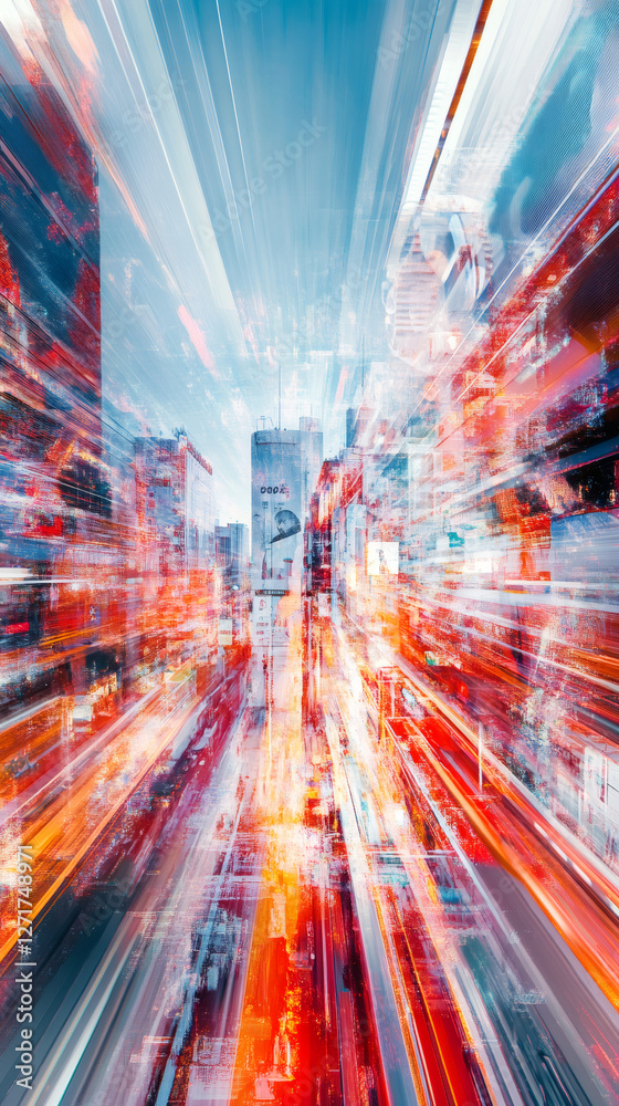 Poster blurred city lights streaking across frame, capturing urban dynamism with vibrant color palette and 