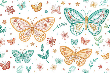 Whimsical butterflies, flowers, and leaves seamless pattern