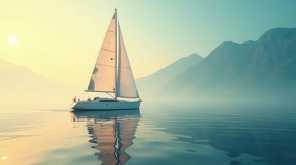 Serene Sailboat Voyage at Dawn on Calm Waters, Majestic Mountains in the Distance