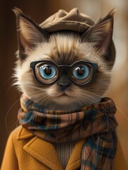 there is a cat wearing a hat and glasses and a scarf