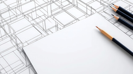 blank sheet of paper is placed on surface with grid of geometric shapes in background, accompanied by colored pencils. This setup is ideal for design and architectural sketches