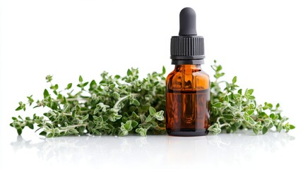 Fototapeta premium A dropper bottle of thyme essential oil placed on a reflective surface with fresh thyme sprigs surrounding it