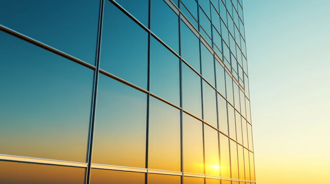 side angle of contemporary glass building reflecting sunset, showcasing modern architecture and vibrant colors in sky