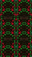 Fototapeta premium A luxurious seamless pattern of damask-inspired elements, rendered in rich, deep jewel tones of emerald green, ruby red, and sapphire blue, the style is elegant and ornate w.