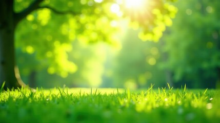 Obraz premium Serene Summer Meadow Scene Vibrant Green Grass in Sunny Sunlight with Defocused Trees in the Background