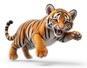 Obraz premium Beautiful cute fluffy tiger cub in a jump. On a white background. 