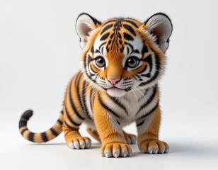 Obraz premium Beautiful cute fluffy tiger cub in a jump. On a white background. 