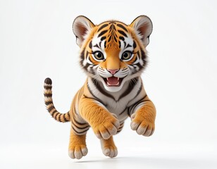 Obraz premium Beautiful cute fluffy tiger cub in a jump. On a white background. 