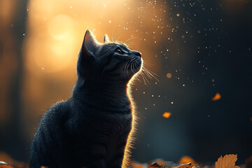 Golden Hour Gaze, A Curious Black Cat in Autumnal Sunlight