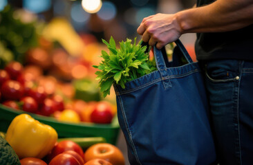 A shopper holds a fabric bag filled with fresh greens while browsing a vibrant market. Various fruits and vegetables line the stalls creating a lively atmosphere.