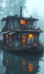 there is a boat that is floating in the water with a light on