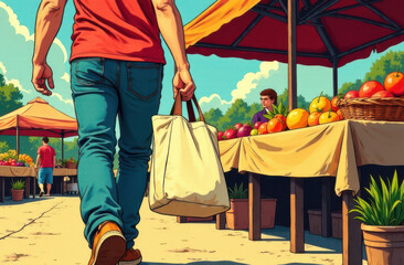 Obraz premium A person carries a tote bag while walking through a bustling local market filled with colorful fruits and vegetables. Bright canopies shade the stalls as vendors interact with customers.