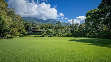 Expansive Green Lawn with Lush Tropical Landscape and Mountain View