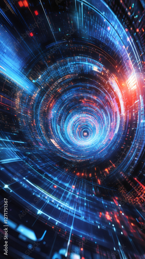 Aufkleber futuristic digital cyberspace tunnel transmitting data with light trails, information technology con