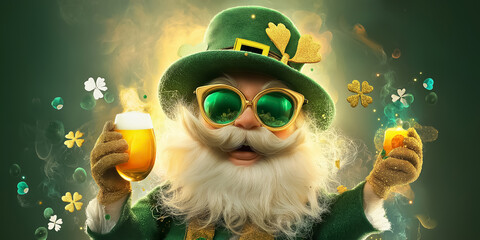 A joyful leprechaun in green attire holds a beer and whiskey with enthusiasm, surrounded by shamrocks and festive decorations, creating a lively festive atmosphere for celebration