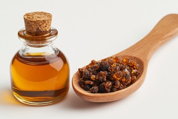 A minimalistic stock photo featuring a glass bottle of propolis next to a wooden spoon filled with propolis granules