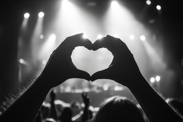 Hands forming heart shape at concert with bright stage lights