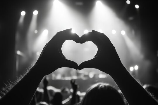 Hands forming heart shape at concert with bright stage lights